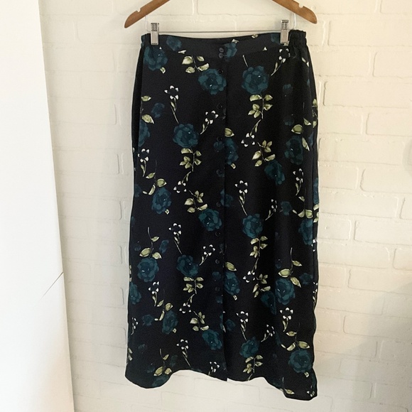 Vintage 90s Maxi Skirt Button down Dark Floral Cottagecore Fairy Roses Navy Sz M - Picture 5 of 11